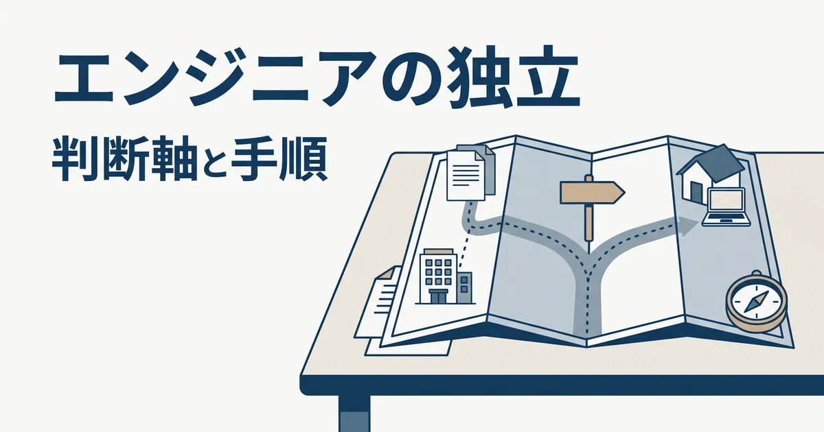 エンジニアの独立（判断軸と手順）。机の上に広げた地図に、会社のビルから分かれ道の道標を通って自宅のノートパソコンへ続く点線の道