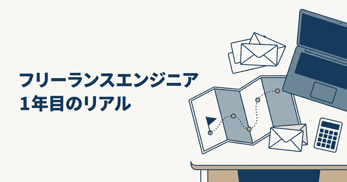 フリーランスエンジニア1年目のリアル。机の上に広げた地図と、旗から続く点線の道、封筒と電卓