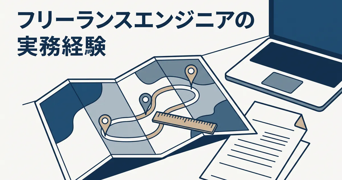 フリーランスエンジニアの実務経験（机に広げた地図の道筋に目印が3つ立ち、その上に定規が置かれている。横にノートパソコンと経歴書）