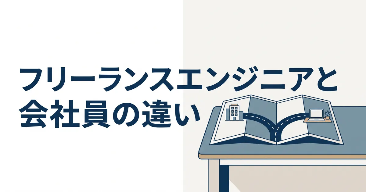 フリーランスエンジニアと会社員の違い(机の上に広げた地図。道が会社のビルと自宅のノートパソコンの2方向に分かれている)