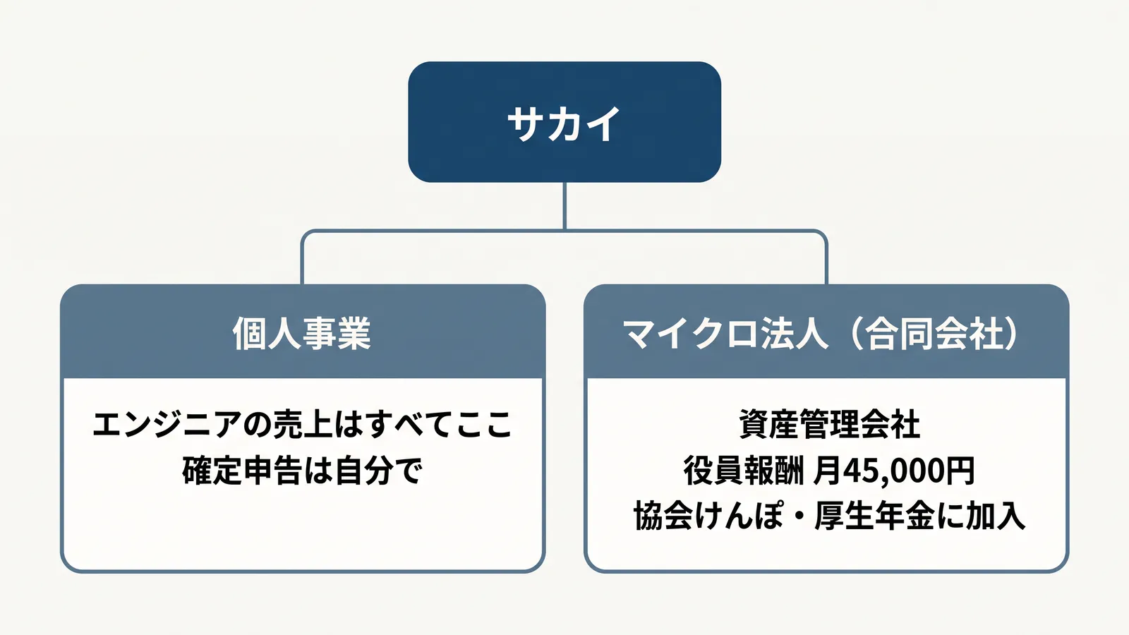 二刀流の仕組み。サカイの下に個人事業とマイクロ法人（合同会社）。個人事業はエンジニアの売上がすべてここにあり、確定申告は自分で。マイクロ法人は資産管理会社で、役員報酬は月45,000円、協会けんぽ・厚生年金に加入