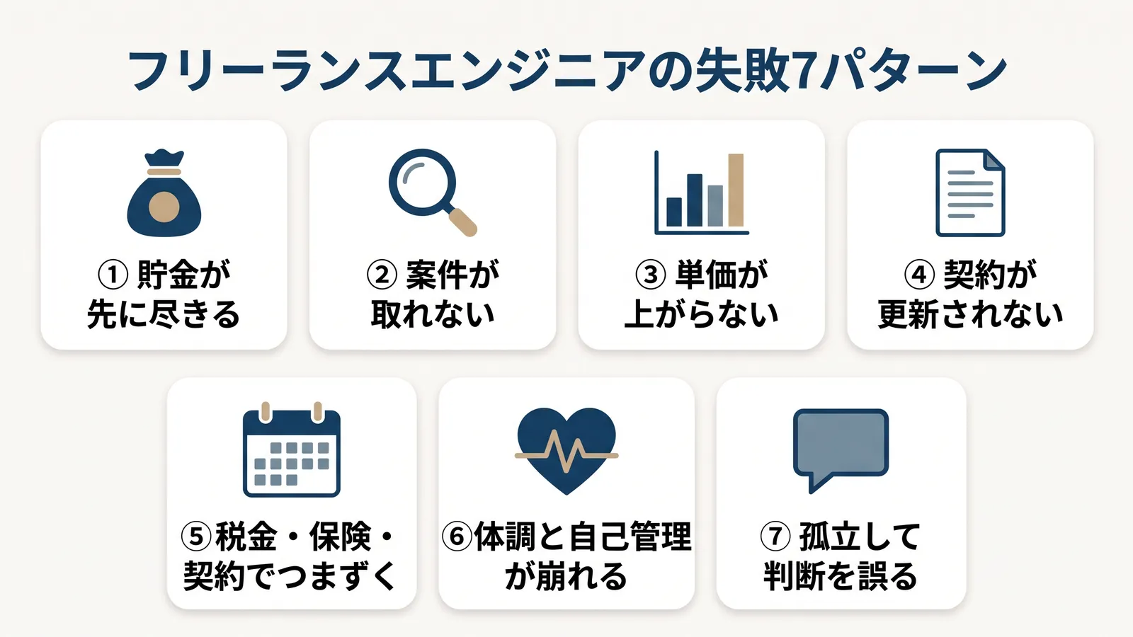 フリーランスエンジニアの失敗7パターン。貯金が先に尽きる、案件が取れない、単価が上がらない、契約が更新されない、税金・保険・契約でつまずく、体調と自己管理が崩れる、孤立して判断を誤る