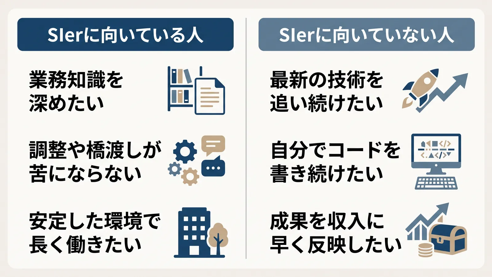 SIerに向いている人と向いていない人の比較。向いている人は業務知識を深めたい、調整や橋渡しが苦にならない、安定した環境で長く働きたい。向いていない人は最新の技術を追い続けたい、自分でコードを書き続けたい、成果を収入に早く反映したい