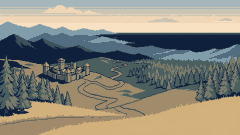 丘の上から、町と森を抜けて遠くの山と海へ続く道を見わたすドット絵の風景