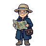 広げた地図を両手で持った、旅の案内人のドット絵